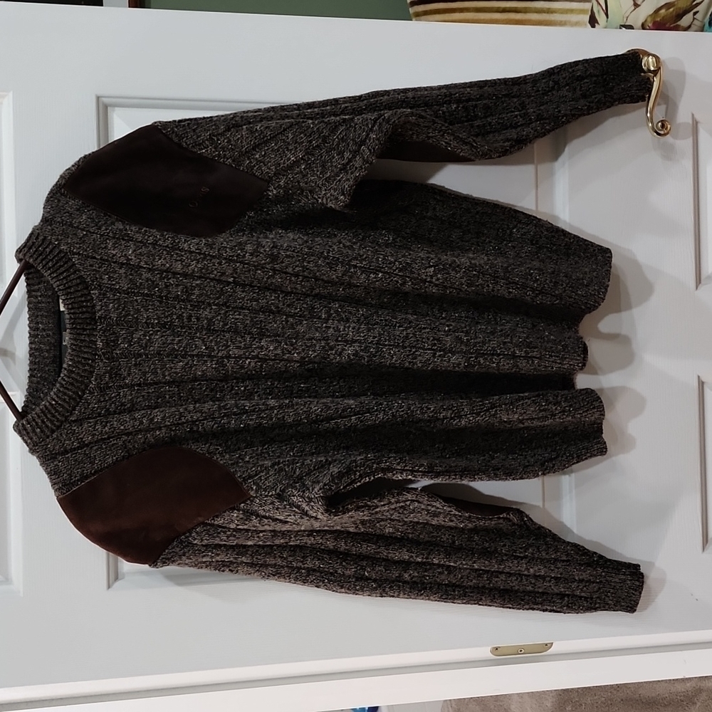 ORVIS 🐑 Men's Wool Blend Sweater with Leather Patches Size LG Brown